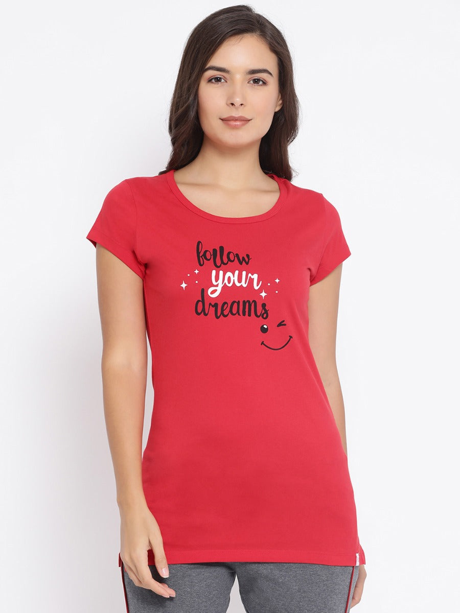 Women's Round Neck Printed Long Tees in Cotton Rich Fabric with Half Sleeves for Enhanced Comfort | MW3325