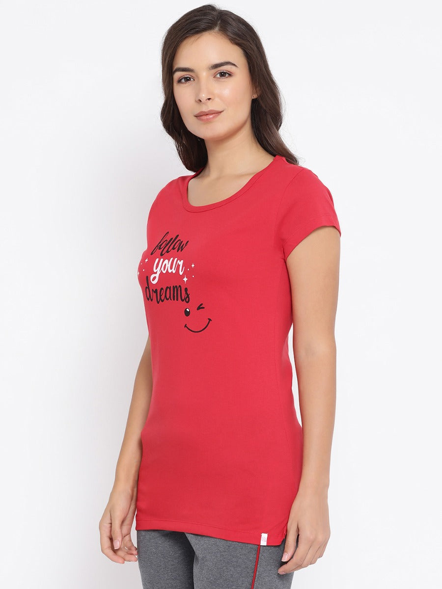 Women's Round Neck Printed Long Tees in Cotton Rich Fabric with Half Sleeves for Enhanced Comfort | MW3325