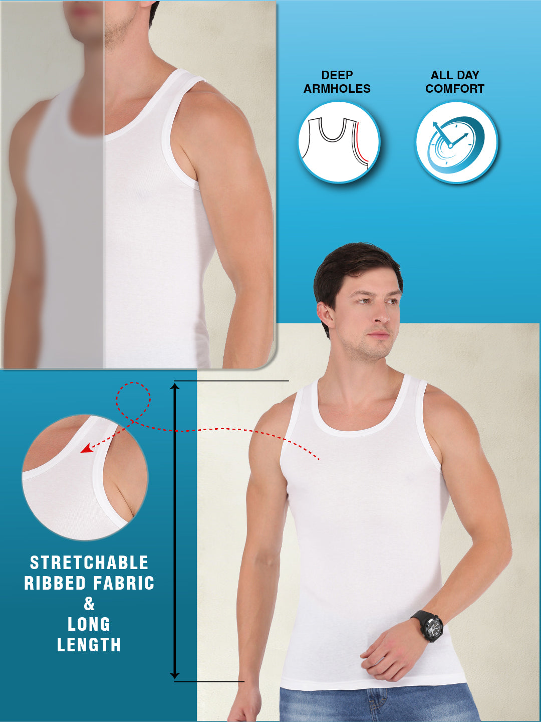 Men's Vests in Compact Cotton Fabric Classic Cut Seamless Fit with Contoured Armholes | MB005