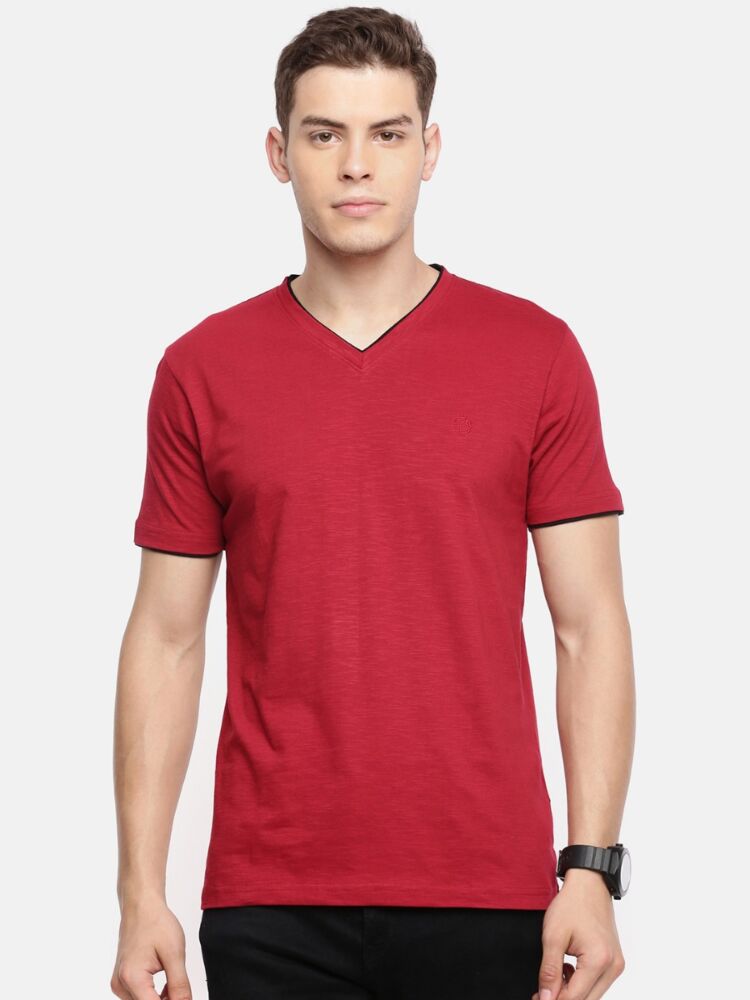 Smartz Basics Contrast V Neck Doubler Slub T-Shirt