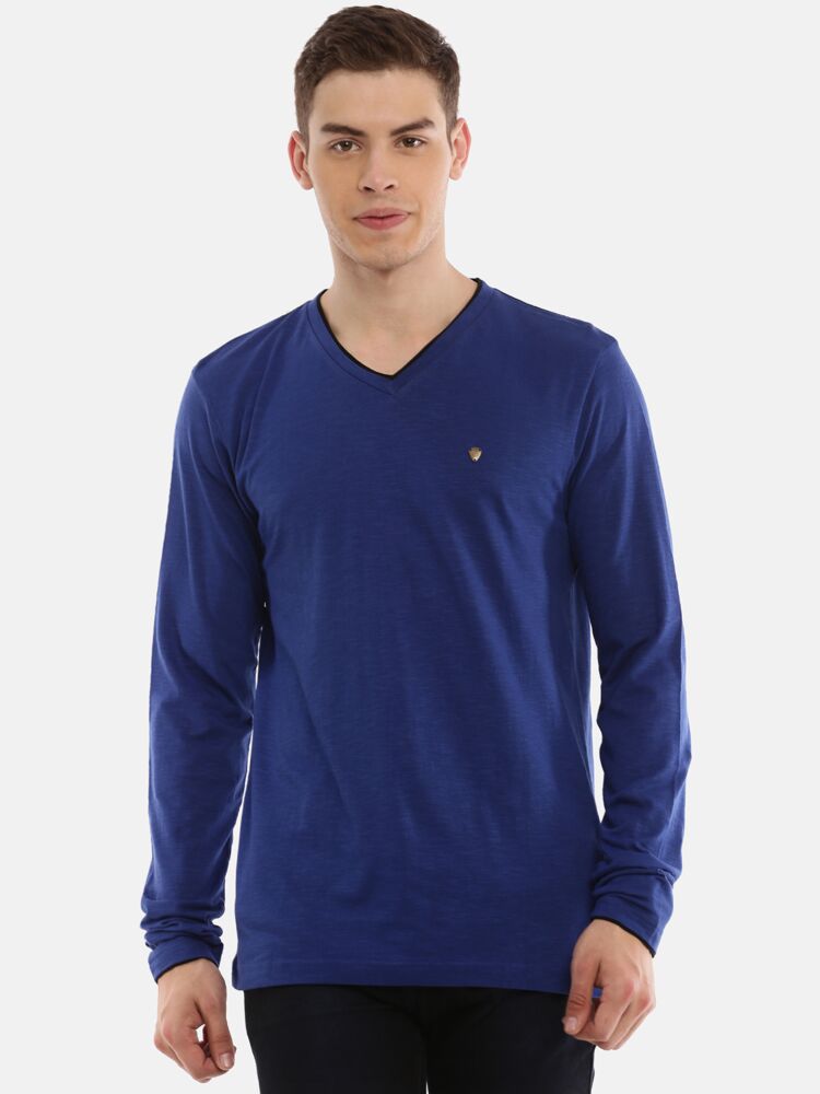 Smartz Basics Contrast V Neck Doubler Slub Full Sleeve T-Shirt